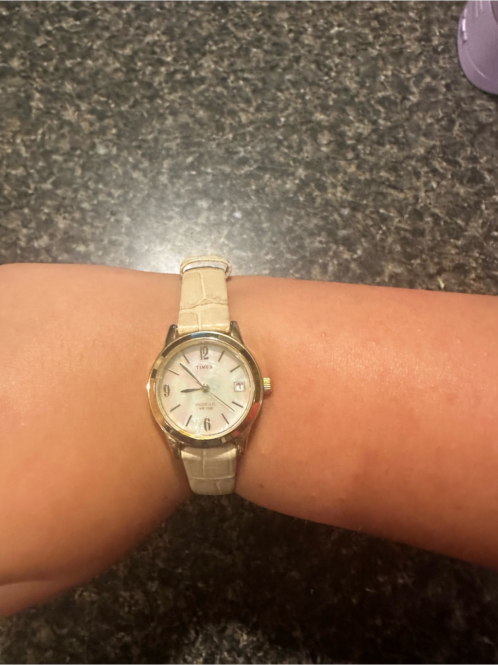 Timex Gold Tone Watch With Cream Leather Strap And Mother-Of-Pearl Dial